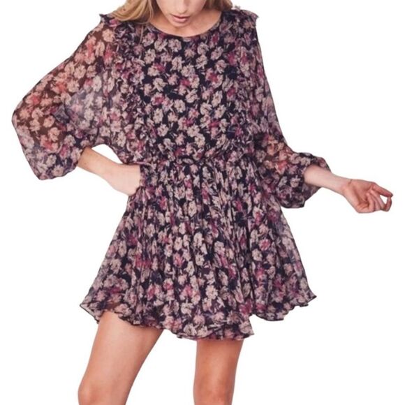 LoveShackFancy Noelle Silk Mini Dress Black Floral Size Medium - Picture 1 of 8